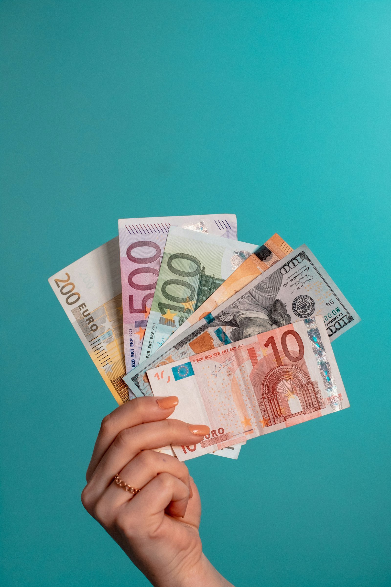 Euro and US dollar banknotes held in a hand